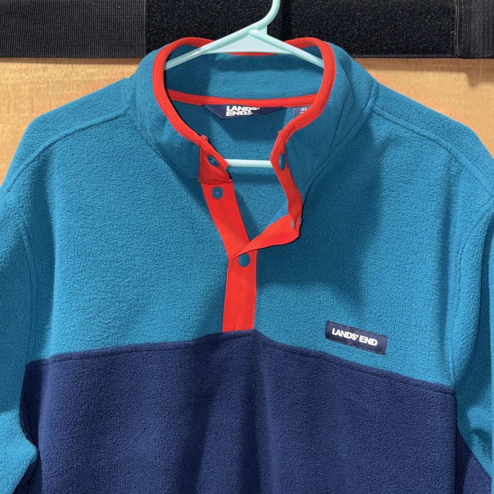 Lands End Fleece Pullover Colorblock Snap Neck Teal Navy Blue Red Trim Mens XL